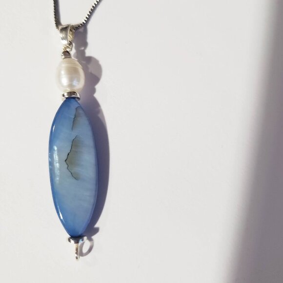 NEW BLUE AGATE PEARL 925 STERLING SILVER PENDANT NECKLACE 18" - Picture 4 of 5